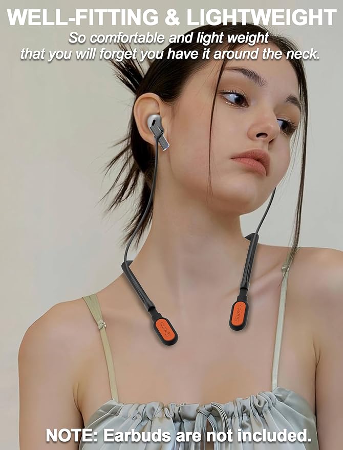 HALLJOY for Galaxy Buds 4/4 Pro/Buds 3/3 Pro Strap Neckband, Anti-Lost Accessories, Support Volume Control, Ergonomic Design, Fit Airpods Pro 3/2/1, Airpods 4, 3, 2, 1, Black Band/Orange Tip