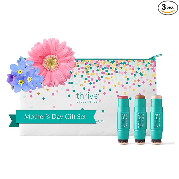 Thrive Causemetics Triple Threat Color Stick Mother's Day Makeup Gift Set for Women: Blush, Highlighter, Bronzer & Contour Stick, Waterproof Smudge Proof Face Makeup Formula, 3 Shades (Fair)