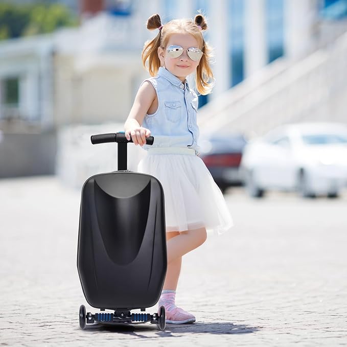 2-in-1 Ride-On Scooter Suitcase for Kids & Adults, 20” Foldable Hardshell Carry-On Luggage for Travel, Lightweight Kids Scooter Bag with Wheels