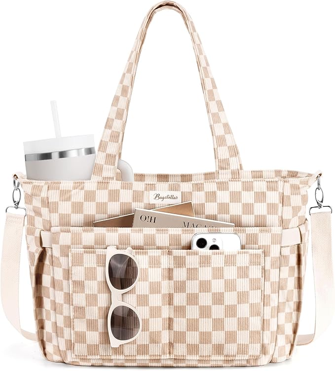 Bagstellar Corduroy Tote Bag for Women, 17 Pockets Laptop Work Tote Bag Lightweight Teacher Nurse Bible Bag for School Travel | with 40oz Cup Holder, Multi Compartment, Zipper Crossbody Bag, College Shoulder Bag, Daily Purse w/ Strap, Ideal Gift for Women