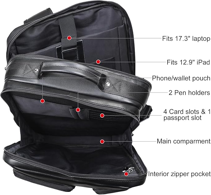 TIDING 17.3" Leather Laptop Backpack for Men Multi Pockets Casual Daypack Business Travel Rucksack, Black