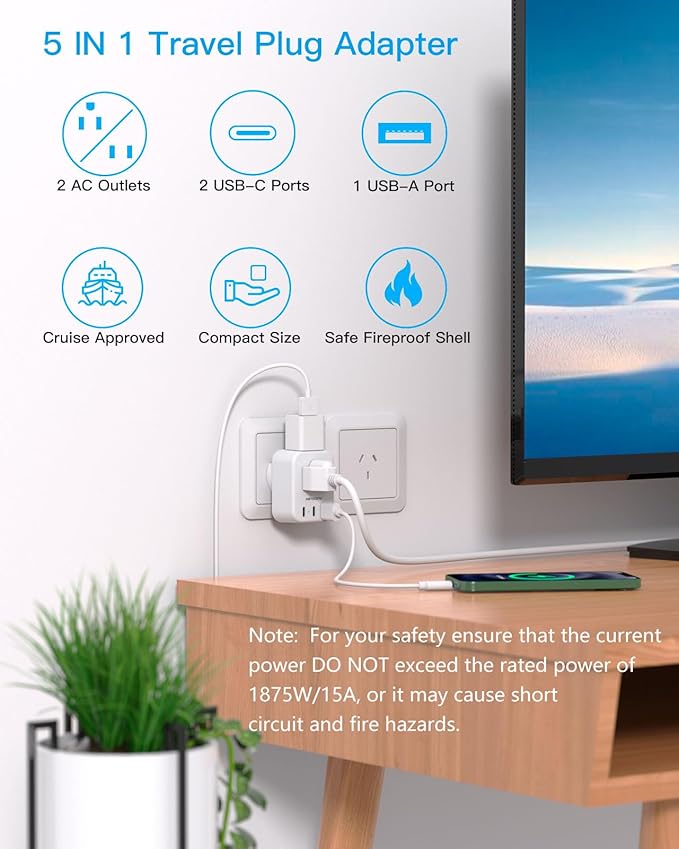 HANYCONY US to Australia New Zealand Power Plug Adapter, Type I Adapter Plug 2 Outlets 3 USB Ports(2 USB C), Australia Travel Plug Adapter for USA to Australian AU China Argentina Fiji Essentials