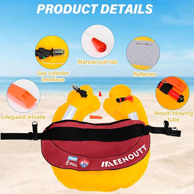 Automatic Inflatable Belt Pack Water Sports Jacket Waist Belt PFD for SUP Paddleboarding Fishing Boating Kayaking（fit 80-330 lbs） (Red)