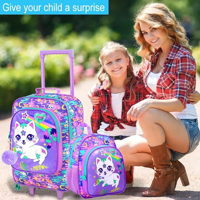 2Pcs Girls Suitcase Set, Kids Carry on Rolling Luggage with Wheels, Cat Travel Suitcases with Toddler Backpack(Pink)