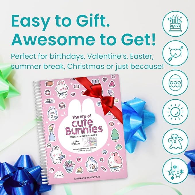Life of Cute Bunnies 300+ Kids Sticker Book by Cupkin Toddler Airplane Travel Coloring Book, Easter Basket Stuffer, Road Trip Essentials, 8 Coloring Pages 8 Side by Side Scenes for Ages 2–8 Years