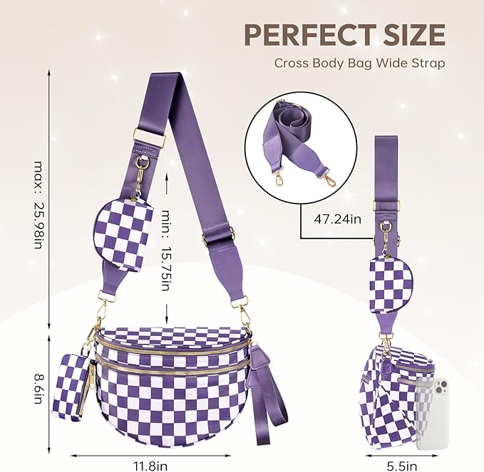 Cross Body Bag for Women Checkered Crossbody Bags Bum Bags for Women Fanny Packs for Girls Small Nylon Checkered Purse Trendy Shoulder Bag (Checkered Purple, One Size)