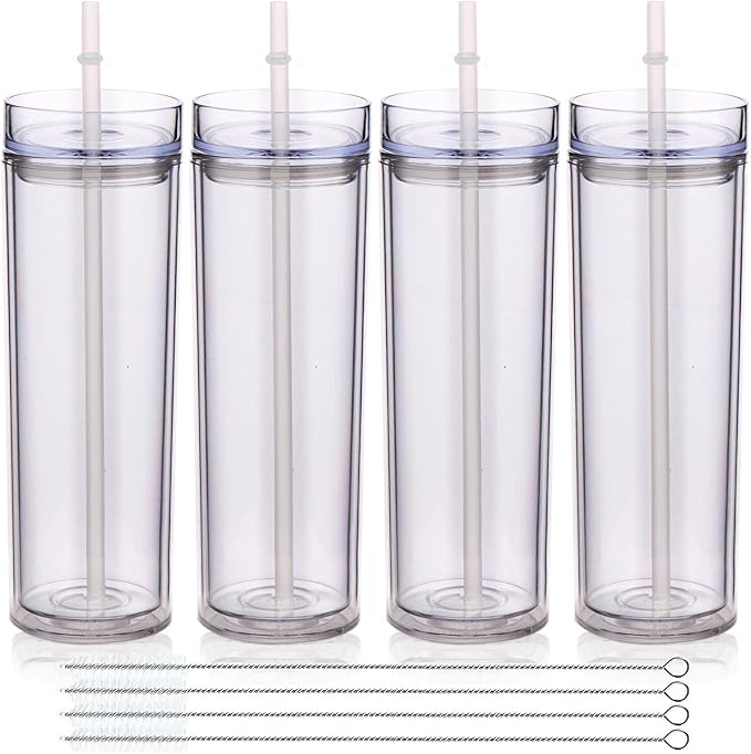 Volhoply 20oz Plastic Skinny Tumblers Bulk 4 Pack,Double Wall Tumbler with Lid and Straw,Reusable Travel Iced Coffee Mug,BPA Free Matte Acrylic Water Cups with Straw for Parties,DIY Gifts(Clear,4 Set)