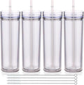 Volhoply 20oz Plastic Skinny Tumblers Bulk 4 Pack,Double Wall Tumbler with Lid and Straw,Reusable Travel Iced Coffee Mug,BPA Free Matte Acrylic Water Cups with Straw for Parties,DIY Gifts(Clear,4 Set)