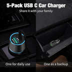 5 Pack 38W USB C Car Charger Adapter, 20W Fast USBC & 18W Rapid QC3.0 Ports, 12V Cigarette Lighter Adapter, Type C Auto Plug Outlet Accessories for iPhone 17 16 15 14, Samsung S26, Android Cell Phone