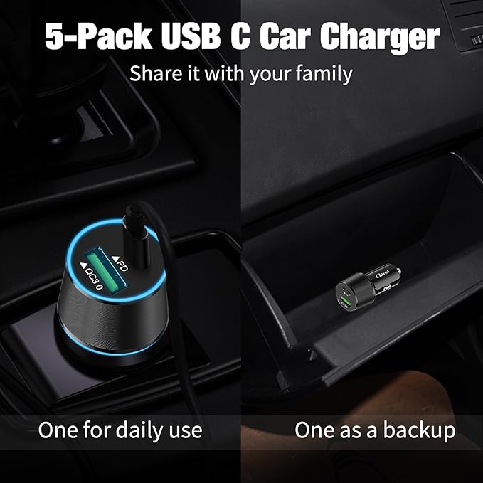 5 Pack 38W USB C Car Charger Adapter, 20W Fast USBC & 18W Rapid QC3.0 Ports, 12V Cigarette Lighter Adapter, Type C Auto Plug Outlet Accessories for iPhone 17 16 15 14, Samsung S26, Android Cell Phone