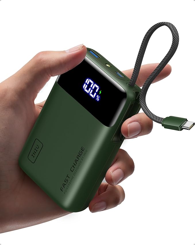 INIU 20000mAh Power Bank, Smaller 45W PD Fast Charging Portable Charger, Battery Pack with Build in USB C Cable, Travel Phone Flight-Safe Powerbank for iPhone 17 16 Samsung S26 Google iPad, Green