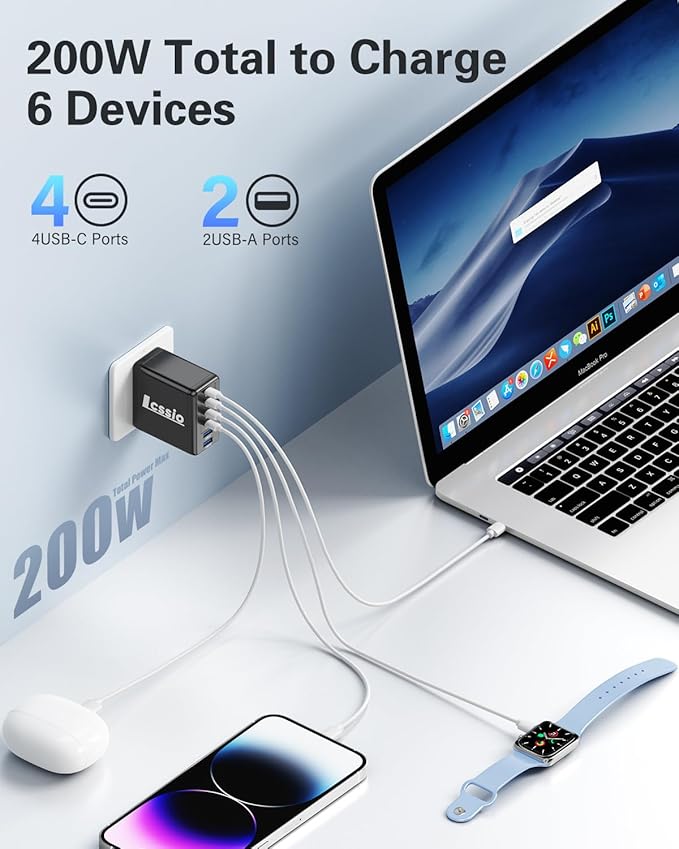 2 Pack 200W USB C Charger with 4 USB Cables, 6-Port Wall Charger, Laptop Fast Charger Type C Charging Block for MacBook Pro, Dell XPS, iPhone 17, iPad, Tablet, Chromebook Black