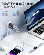 2 Pack 200W USB C Charger with 4 USB Cables, 6-Port Wall Charger, Laptop Fast Charger Type C Charging Block for MacBook Pro, Dell XPS, iPhone 17, iPad, Tablet, Chromebook Black