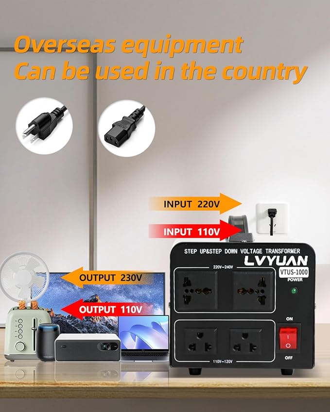 LVYUAN Voltage Converter Transformer 1000 Watt Step Up/Down Convert from 110V-120V to 220V-240Vt and from 220V-240V to 110V-120V with 2 US outlets, 2 Universal outlets, Resettable Circuit Breaker
