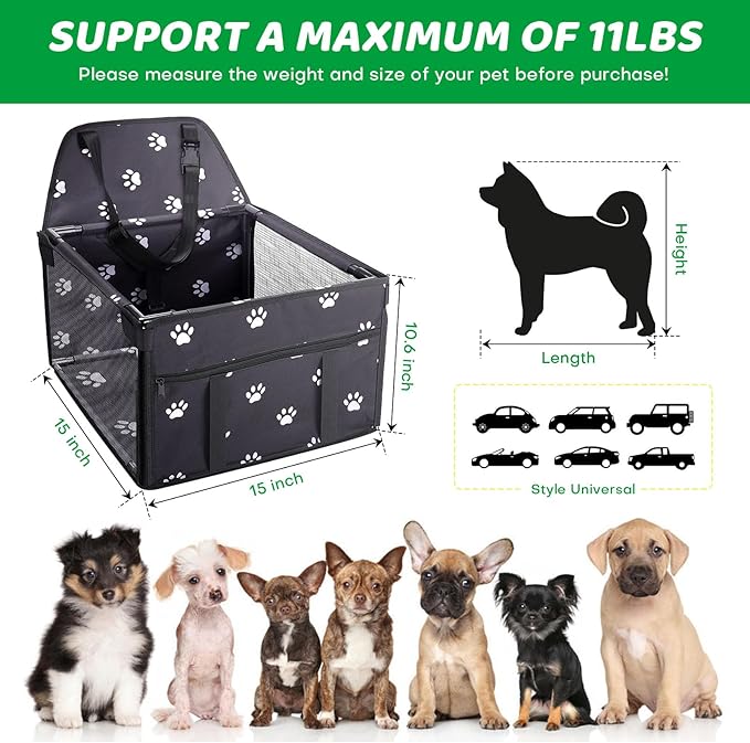 GENORTH Small Dog Car Seats for Small Dogs,Portable Puppy/Pet Car Booster Seat with Clip-On Leash and Mesh Window for Pet Up to 11 lbs