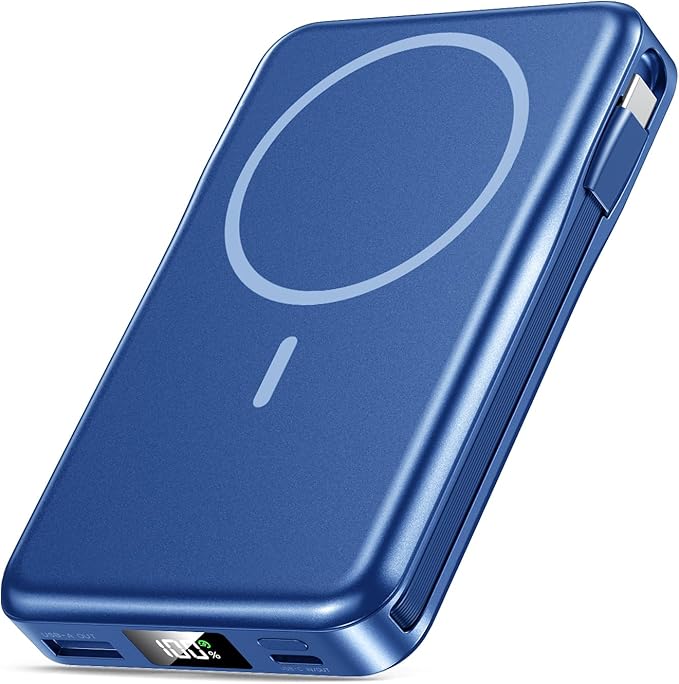 Magnetic Portable Charger, 10000mAh Power Bank, 5 in 1 Portable Charger with Built in Cable, 20W Fast Charging for Magsafe Battery Pack Compatible with iPhone 17/16/15/14/13/12 Pro/Pro Max-DarkBlue
