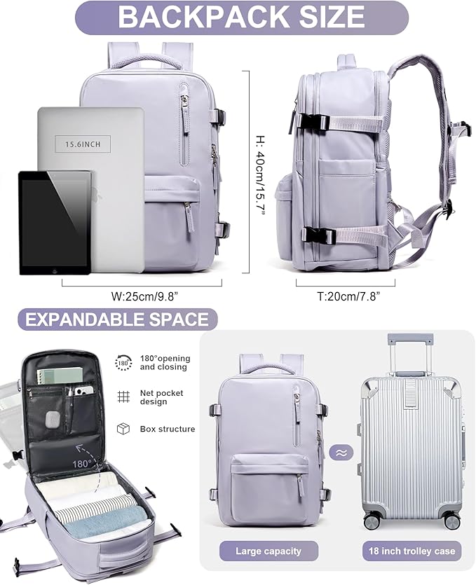 Travel Backpack Women,Carry On Backpack Flight Approved 18x14x8 inches Bag Spirit Airlines Personal ltem,College Sports Hiking Rucksack Waterproof Casual Daypack Laptop Blackpack Men Taro Purple