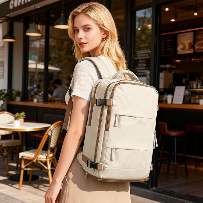 coofay Large Travel Backpack Carry on Flight Approved Mochila De Viaje Personal Item Travel Bag Backpacks for Men Women Carry on Backpack for Airplanes 18x14x8 Inches Travel Bag Beige with Brown