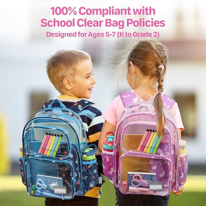 Bagseri Clear Backpack for Girls - 15 Inch Heavy Duty Kids Clear Bookbag for Kindergarten to Grade 2, Transparent School Bag with Reflective Strip, Fits Folders, Purple Unicorn