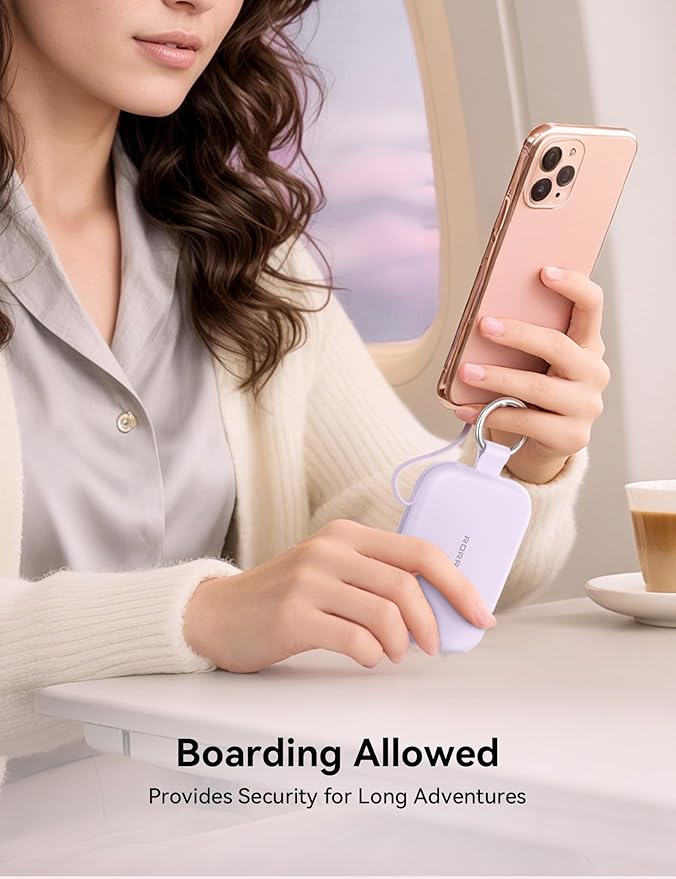 RORRY CharmGo Portable Charger, 5000mAh Portable Charger Power Bank with Built-in Cables, Travel Keychain Charger Battery Pack for iPhone 17/16/15/14/13/12, for AirPods 2/3/4/Pro, Purple