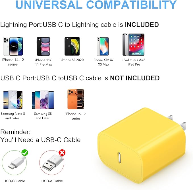 iPhone Fast Charger 3+3Pack 20W USB C Wall Charger with 6FT Fast Charging Cable Compatible with iPhone 14/13/12/11/Pro/Pro Max-Yellow
