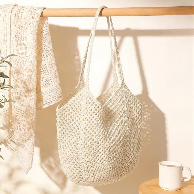 Tavaleu Crochet Tote Beach Bags for Women, Mesh Beach Tote Knit Bag, Summer Vacation Aesthetic Boho Hobo Shoulder Bag