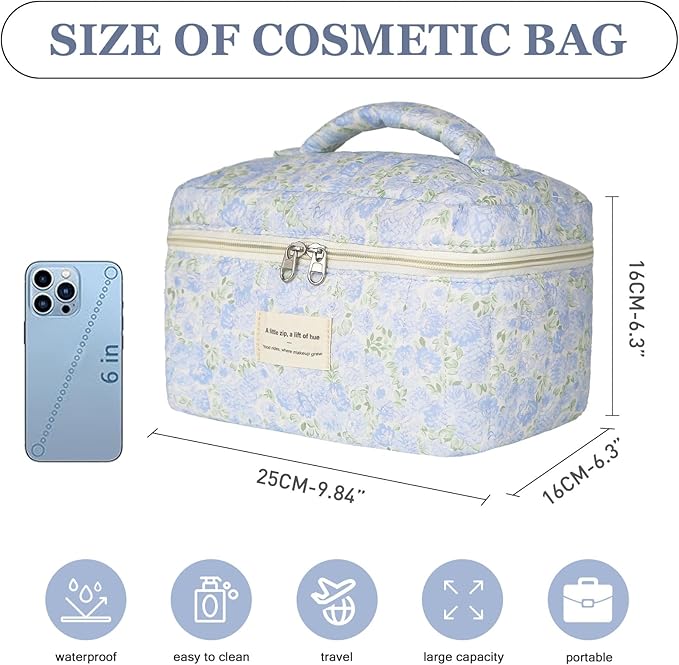 Gosect 1pc Large Makeup Bag, Cute Cosmetic Bag for Women Girls, Floral Coquette Aesthetic Toiletry Bag, Travel Make Up Organizer Bag (Green Leaves Blue Flowers)