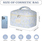 Gosect 1pc Large Makeup Bag, Cute Cosmetic Bag for Women Girls, Floral Coquette Aesthetic Toiletry Bag, Travel Make Up Organizer Bag (Green Leaves Blue Flowers)