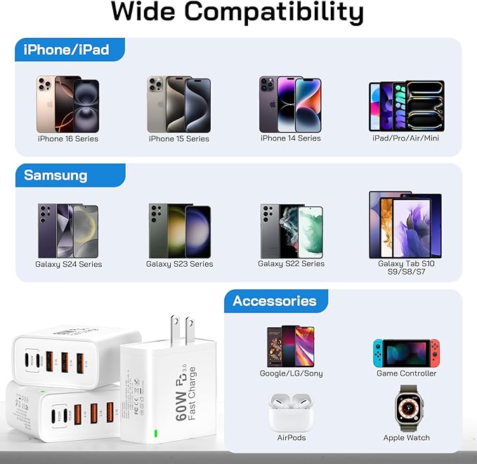 3Pack USB C Fast Charger Block, Total 60W 5-Port USB C Wall Charger 30W Type C Charging Block, 2USB C+3USB A PD 3.0 Multiport Charging Cube for iPhone 17 16 15 14 Pro Max, G-alaxy S26 S25 Ultra, i Pad
