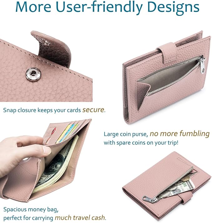Leather RFID Slim Passport Holder for Travel Women – Passport Wallet for Men with Passport Cover & 3 Card Slots, Zippered Coin Pocket, Cash Holder – Travel Organizer Mother's Day Gift (Pink)