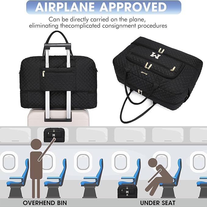 Initial Travel Duffle Bag for Women - Black Personalized Weekender bags Overnight Bag with Shoe Compartment & Wet Pocket Weekend Tote Bags with Toiletry Bag Monogram Christmas Gift (Letter M)