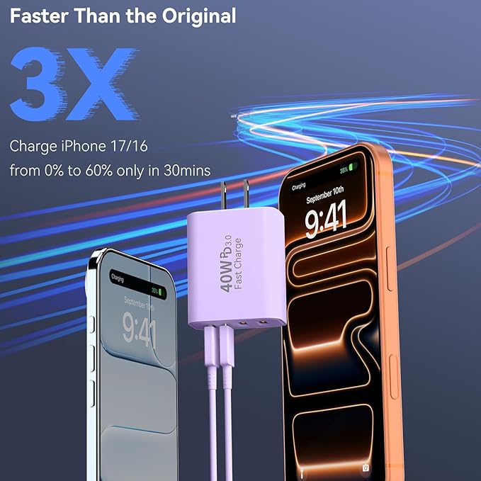 USB C Wall Fast Charger Block, 40W 4-Port Type C Charger Fast Charging Blocks PD Power Charger Adapter+QC 3.0 USB Multiport Charger Brick for Phone 17/16/15/14/13/12 Pro Max, Pad, Galaxy S25-Lavender