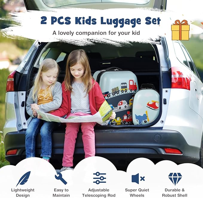 Goplus 2PC Kids Luggage, 12" & 16" Kids Carry On Luggage Set with 4 Spinner Wheels, Lightweight Rolling Spinner Suitcase for Children Toddlers Boys and Girls Travel