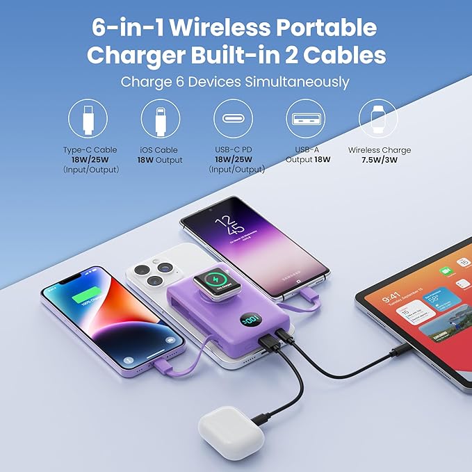 Magnetic Portable Charger for MagSafe with Built-in Cable,iWatch Charger,10800mAh Wireless Power Bank Travel Essentials,25W PD Fast Charging Battery Pack for iPhone 17/16/15/14/13,Apple Watch-Purple