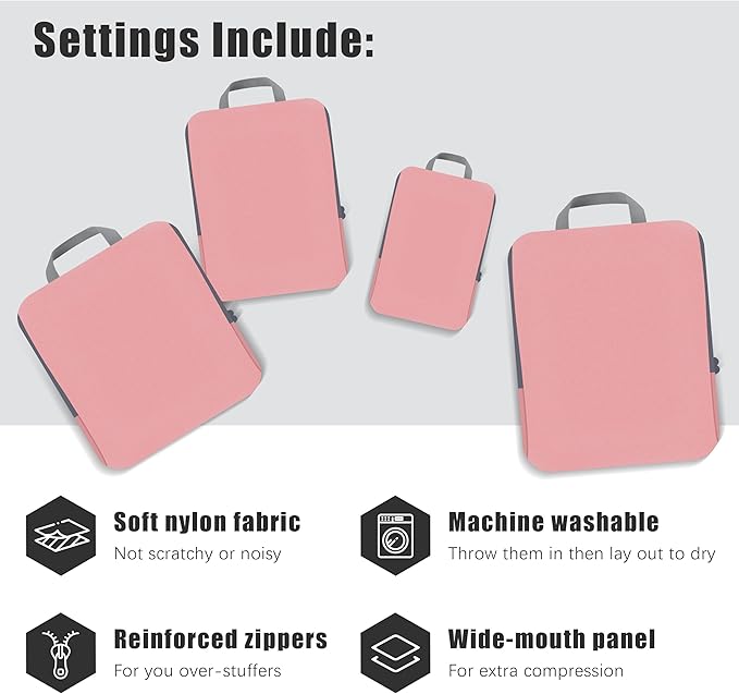PANDA JOYS 4 Set Compression Packing Cubes Travel - Travel Accessories Expandable Packing Organizers for Carry On - Essentials Luggage Bags - Pink