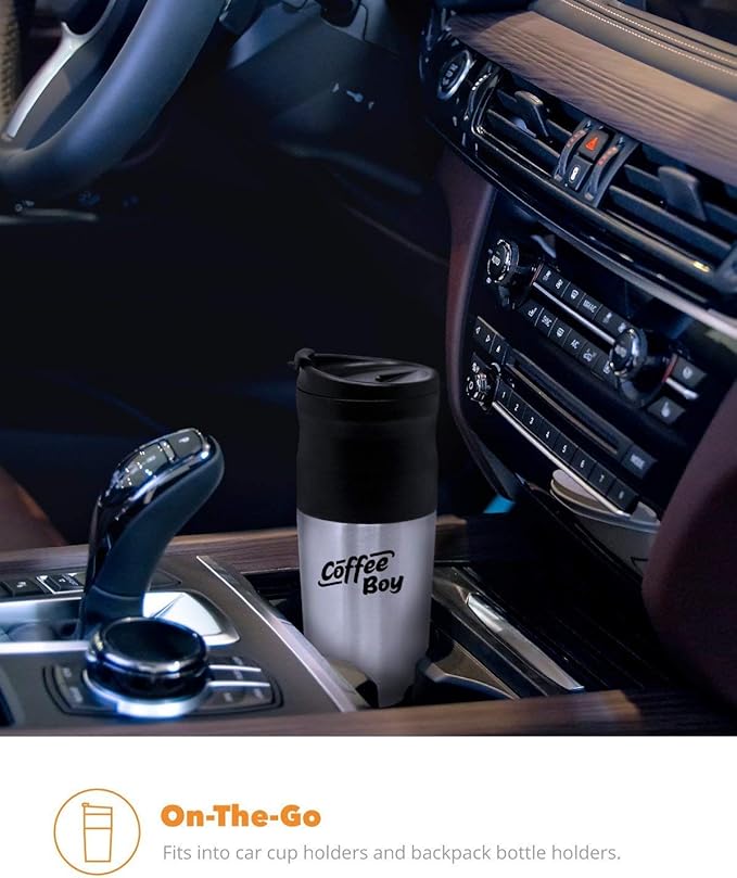 Equinox Coffee Boy All-in-One Portable Pour Over Coffee Maker, 14oz Silver Travel Mug, Compact, Manual, 12 Watts, 12 Volts, 1 Count