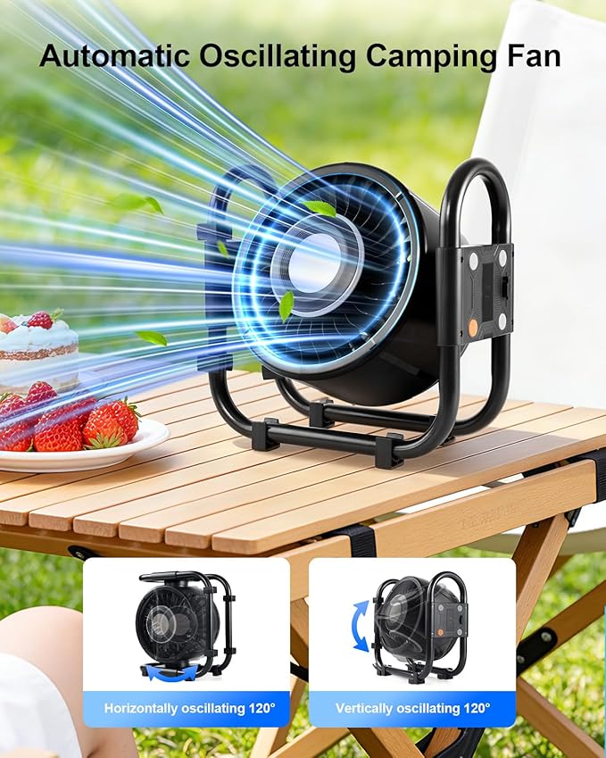 Oscillating Camping Fan Rechargeable - 16000mAh Battery Powered Fan with 6 Winds Night & RGB Ambient Light Digital Display 120° Vertical & horizontal Rotation for Camping Tent Fishing Outdoor