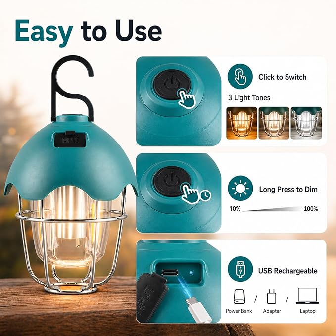 HOMY LED Camping Light Rechargeable Waterproof Vintage Tent Light with Warm Glow, Dimmable Outdoor Lantern for Camping, Emergencies, and Power Outages