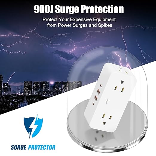 Surge Protector Outlet Extender with Rotating Plug, Multi Plug Outlet Extender with 4 Splitter and 2 USB Ports & 2 USB C Wall Charger, 3 Side Swivel Splitter for Home Office Dorm Travel