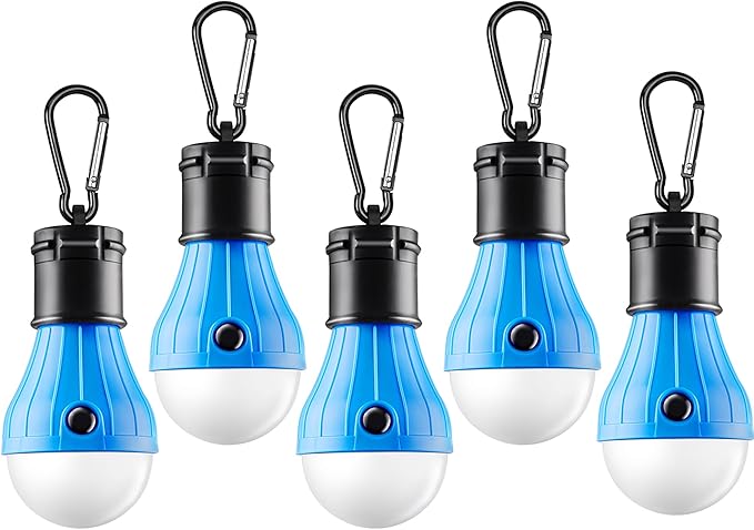 FLY2SKY Tent Lamp Portable LED Tent Lights Blue 5 Packs Hook Hurricane Emergency Lights LED Camping Lights Bulb Camping Tent Lanterns Camping Equipment for Camping Hiking Backpacking Fishing Outage