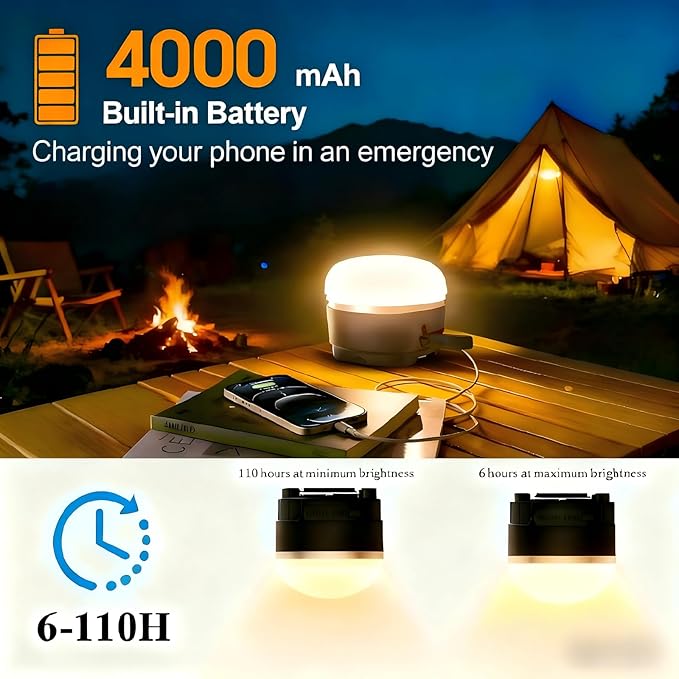 1000LM Rechargeable Camping Lantern, 110H Runtime Compact Portable Tent Light with 5 Brightness Levels, Magnetic Base, IPX4 Waterproof Emergency Hanging Light for Power Outage, Hurricane, Camping