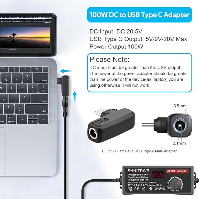 SHNITPWR 120W Universal Power Supply Adapter DC 3.5V~24V 5A Adjustable AC/DC Adapter with USB C Charger PD 100W 100V-240V AC to DC Converter Variable Power Supply,14 Tips,Alligator Clips Power Cable