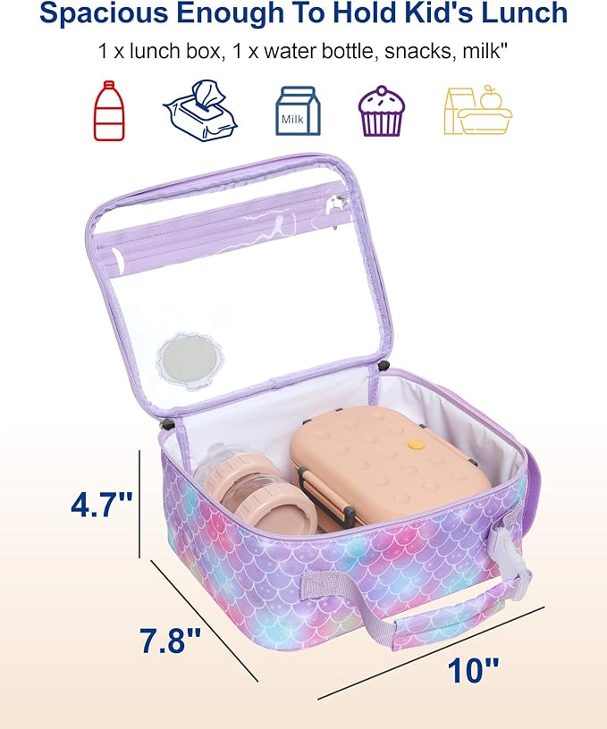 Bagseri 3pcs Clear Backpack for Girls - 15 Inch School Bag Set with Lunch Box and Pencil Case, Heavy Duty Transparent Bookbag for Kindergarten to Grade 2, Purple Mermaid