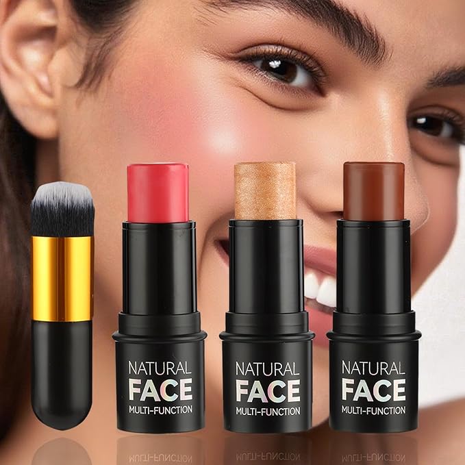 Badhare 3-in-1 Face Blush Stick, Highlighter Brush | 3 Shades Set | Waterproof, Sweatproof, All-Day Wear | Buildable Cream Stick for Face, Eyes, Lips (Sparkling Gold, Tipsy Rose, Amber Brown)