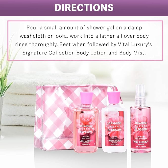 Bath and Body Care Travel Set - Home Spa Set with Body Lotion, Shower Gel and Fragrance Mist, Personal Body Care Travel Set for Birthday Christmas New Year Gifts(Japanese Cherry Blossom)