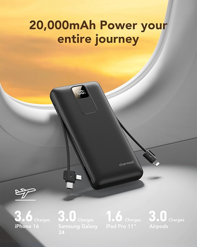 charmast Portable Charger 20000mAh with Wall Plug, Fast Charging Power Bank USB C, 20W PD Battery Pack with Built-in Cables Travel Essential for iPhone 16/15/14, Samsung, iPad More Devices (Black)