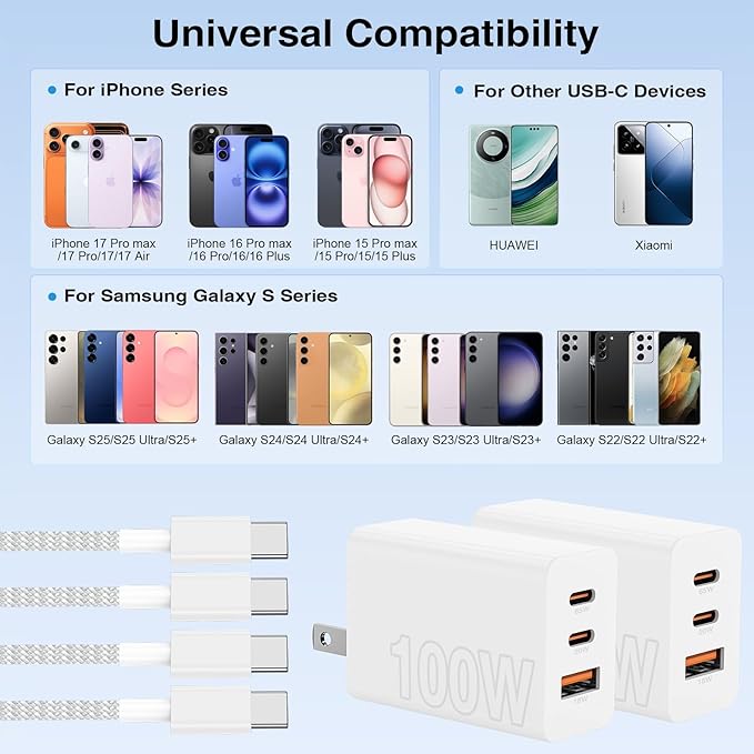 65W Super Fast Charging USB C for iPhone 17 16 Pro Max,3 Port 100W USB C Charger Block & 3/6/6/10FT Braided Type C Cord for iPhone 17 16 Pro,iPhone 15 Pro Max,for Samsung S26 Ultra/MacBook Air-Black