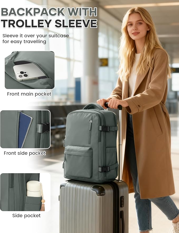 Large Travel Backpack for Women Men Airplanes Carry On Laptop Waterproof Hiking Backpack Person Item Flight Approved Outdoor Sports Rucksack Casual DaypackMochila De Viaje Gym traveling bag Green