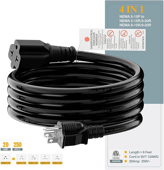 6-Feet NEMA 5-15P to 5-15R/ 5-20R/ 6-15R/ 6-20R AC Adapter, Plugrand 12AWG 15 Amp Household AC Plug to 20 Amp T Blade Adapter Cable, 15A 125V to 20A 250V Extension Cable
