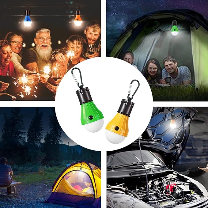 LED Camping Tent Lantern, Portable Outdoor Waterproof Emergency Light Bulb, Battery Powered with Clip Hook, Super Bright, for Hiking, Party，Camping, Fishing, Power Failure (=4 Packs, Multi-Color)